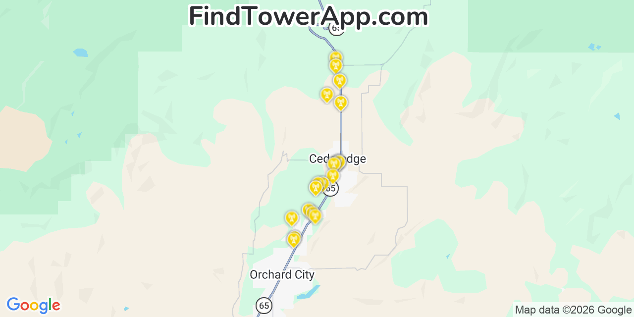Map showing the 20 primary cell tower locations detected in Cedaredge, Colorado from AT&T, Verizon, and T-Mobile networks