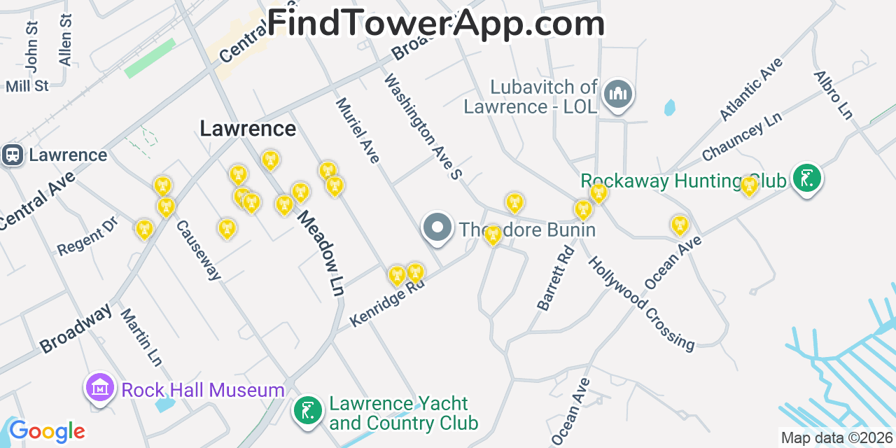 Map showing the 20 primary cell tower locations detected in Cedarhurst, New York from AT&T, Verizon, and T-Mobile networks