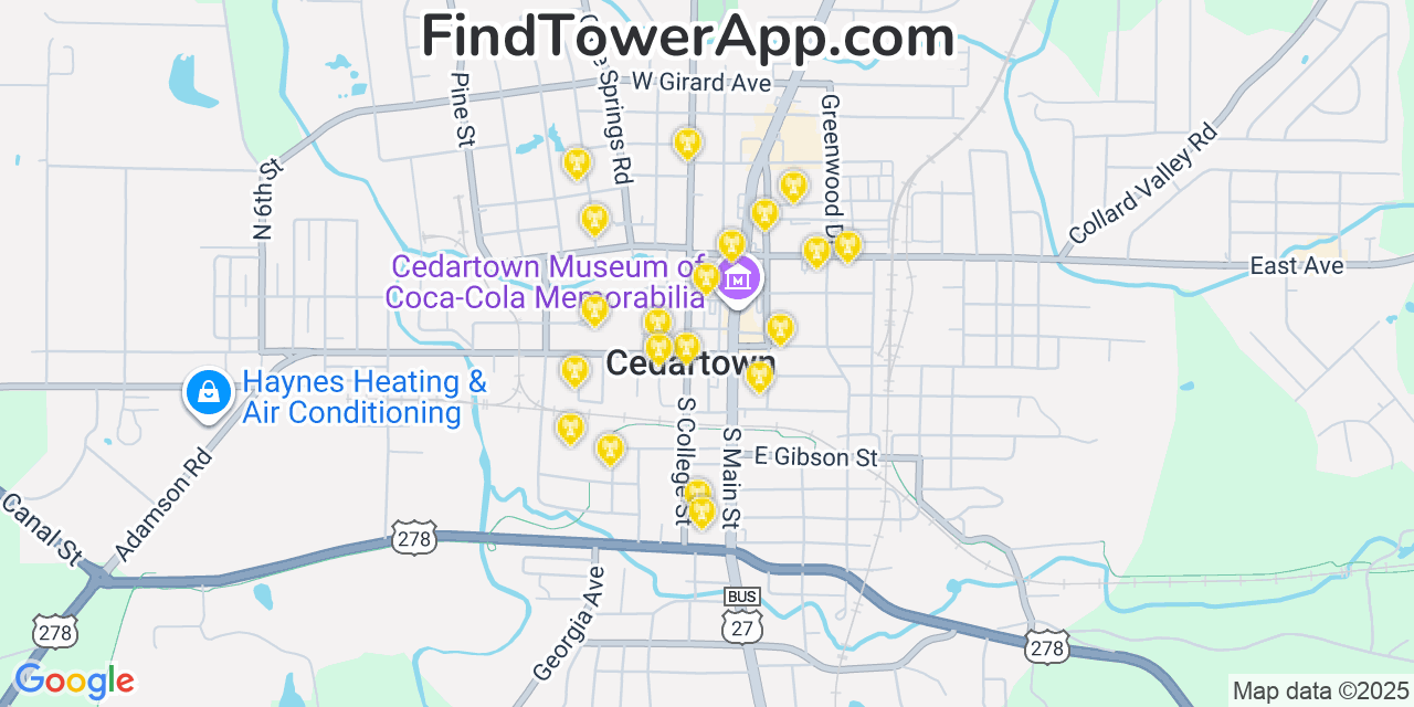 Map showing the 20 primary cell tower locations detected in Cedartown, Georgia from AT&T, Verizon, and T-Mobile networks