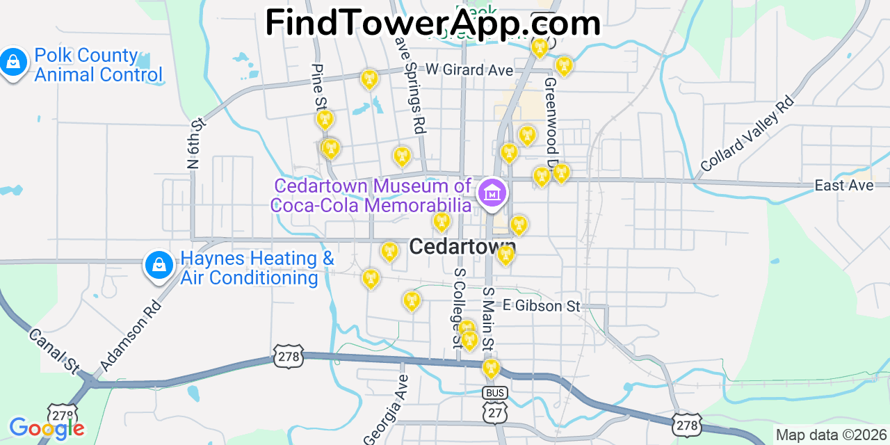 Map showing the 20 primary cell tower locations detected in Cedartown, Georgia from AT&T, Verizon, and T-Mobile networks