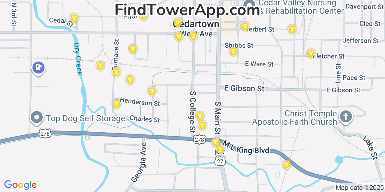 Map showing the 20 primary Mobitel cell tower locations detected in Cedartown, Georgia with coverage radius and signal strength indicators