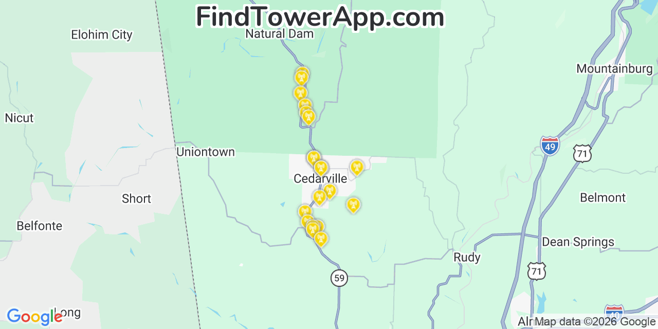 Map showing the 20 primary cell tower locations detected in Cedarville, Arkansas from AT&T, Verizon, and T-Mobile networks