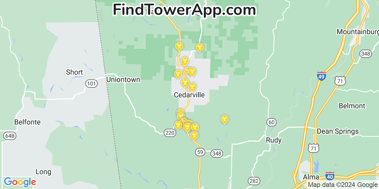 Verizon 4G/5G cell tower coverage map Cedarville, Arkansas