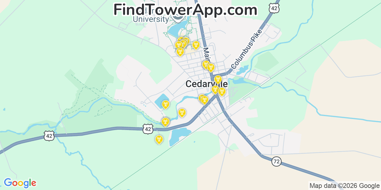 Map showing the 20 primary cell tower locations detected in Cedarville, Ohio from AT&T, Verizon, and T-Mobile networks