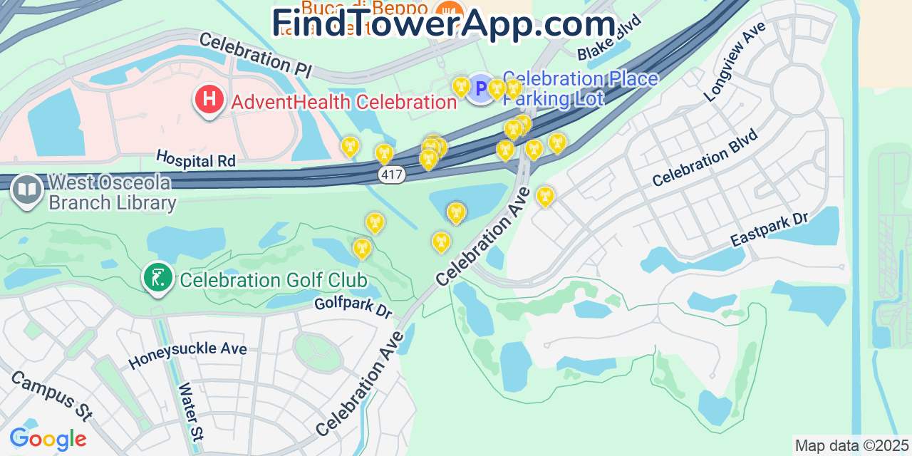 Map showing the 20 primary cell tower locations detected in Celebration, Florida from AT&T, Verizon, and T-Mobile networks