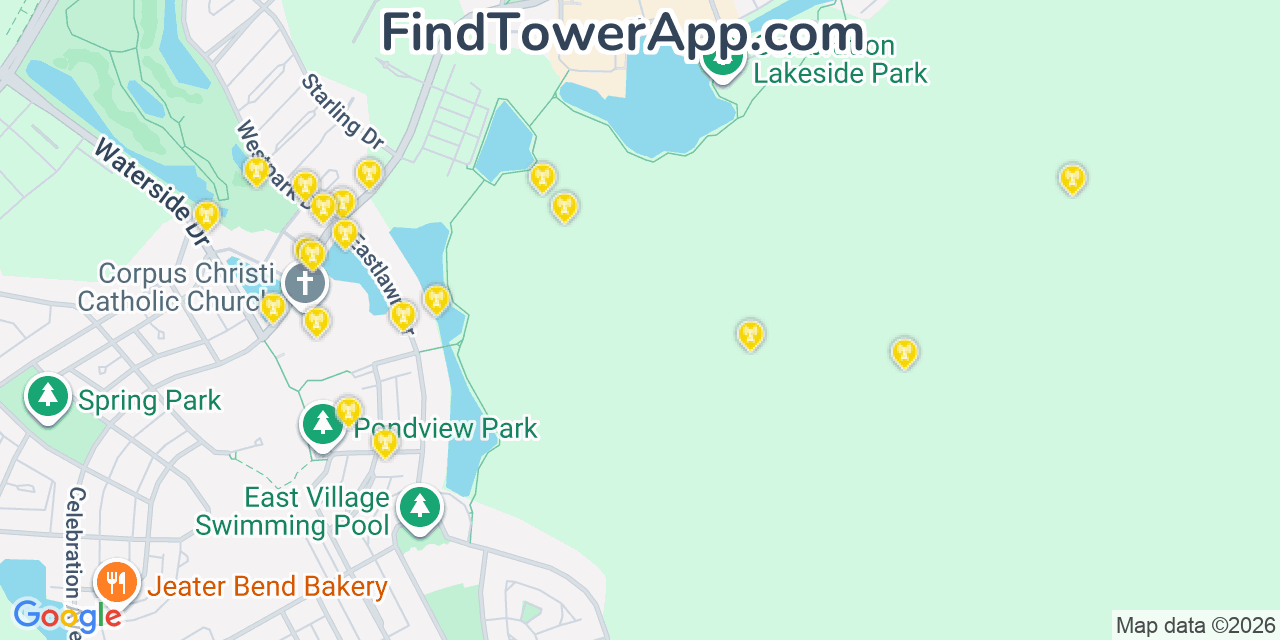 Map showing the 20 primary cell tower locations detected in Celebration, Florida from AT&T, Verizon, and T-Mobile networks