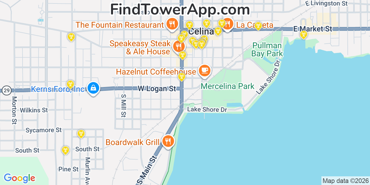 Map showing the 20 primary cell tower locations detected in Celina, Ohio from AT&T, Verizon, and T-Mobile networks