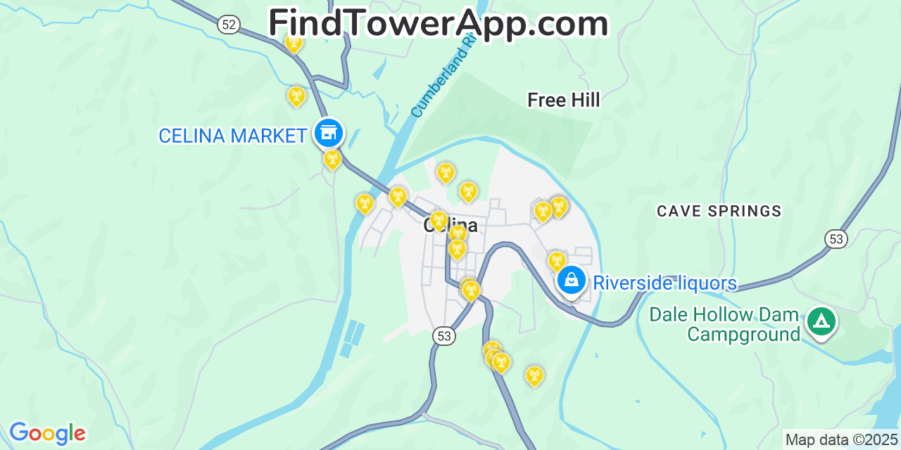 Map showing the 20 primary cell tower locations detected in Celina, Tennessee from AT&T, Verizon, and T-Mobile networks