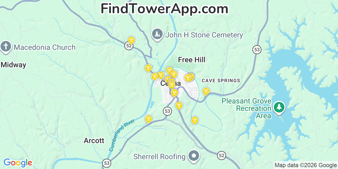 Map showing the 20 primary cell tower locations detected in Celina, Tennessee from AT&T, Verizon, and T-Mobile networks
