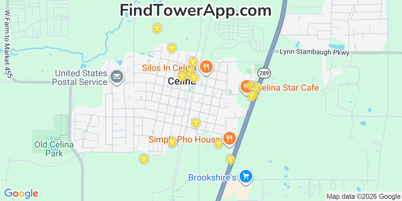 Map showing the 20 primary cell tower locations detected in Celina, Texas from AT&T, Verizon, and T-Mobile networks