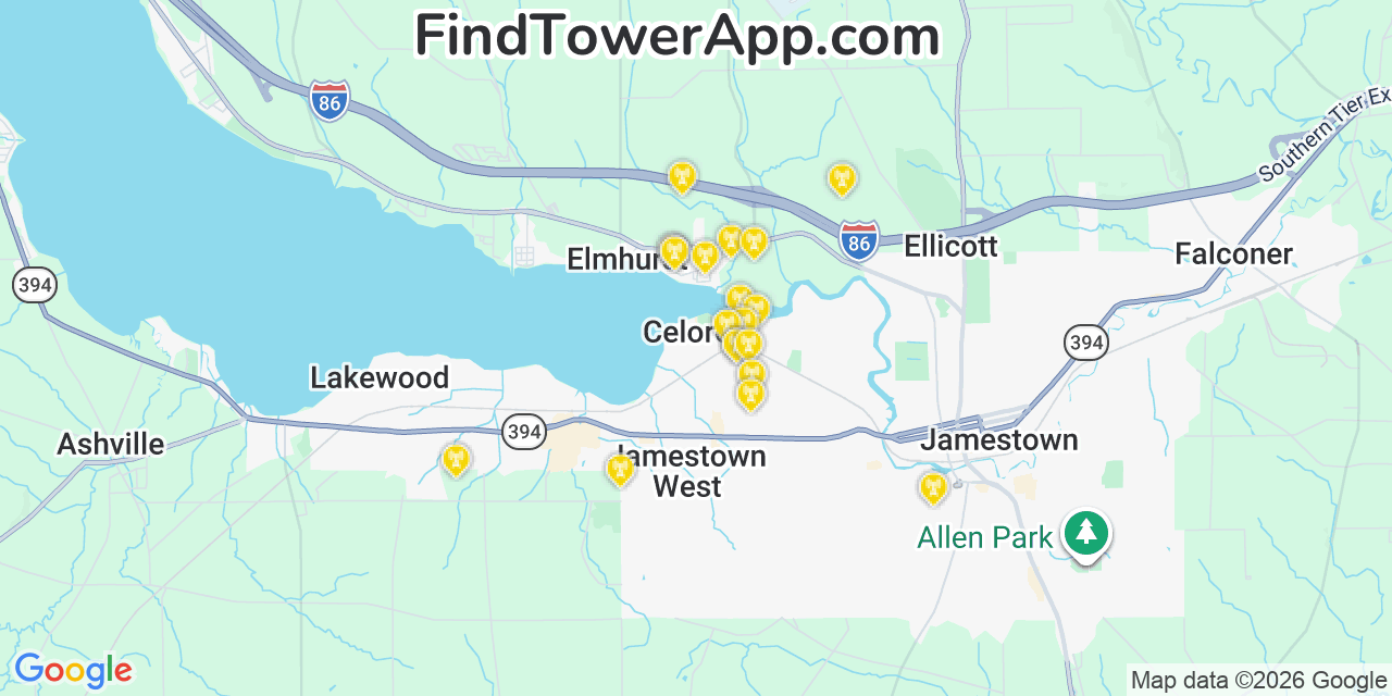 Map showing the 20 primary cell tower locations detected in Celoron, New York from AT&T, Verizon, and T-Mobile networks