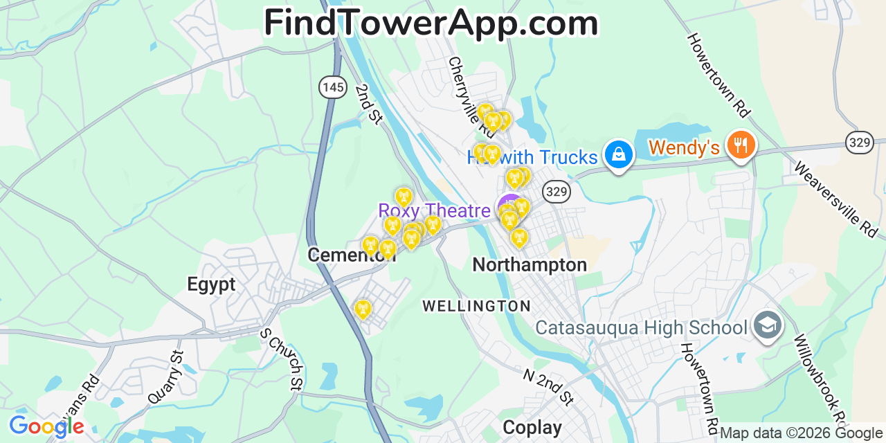 Map showing the 20 primary cell tower locations detected in Cementon, Pennsylvania from AT&T, Verizon, and T-Mobile networks