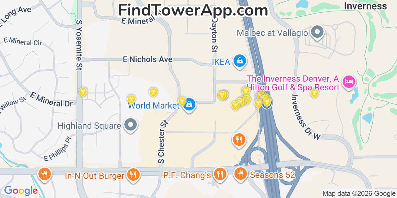Map showing the 20 primary cell tower locations detected in Centennial, Colorado from AT&T, Verizon, and T-Mobile networks
