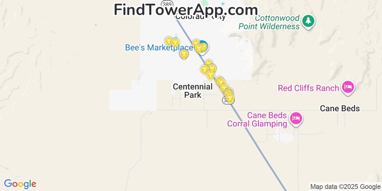 Map showing the 20 primary cell tower locations detected in Centennial Park, Arizona from AT&T, Verizon, and T-Mobile networks