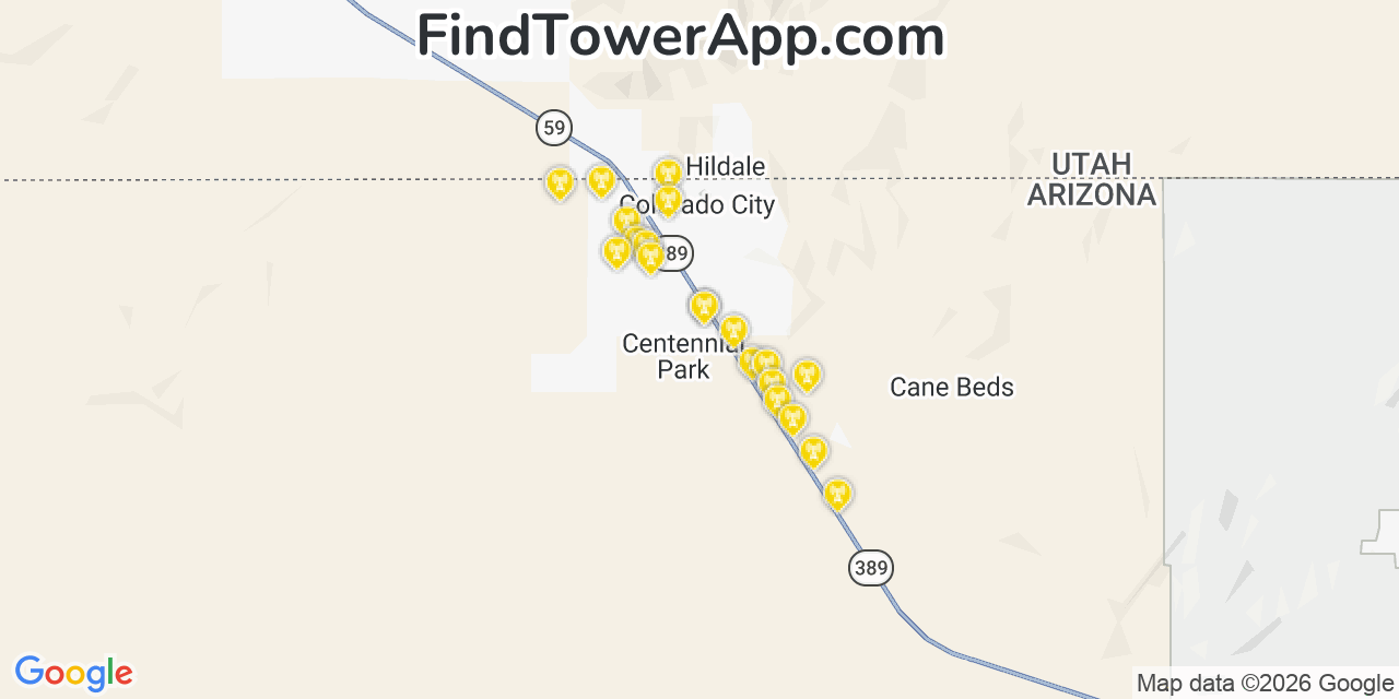 Map showing the 20 primary cell tower locations detected in Centennial Park, Arizona from AT&T, Verizon, and T-Mobile networks