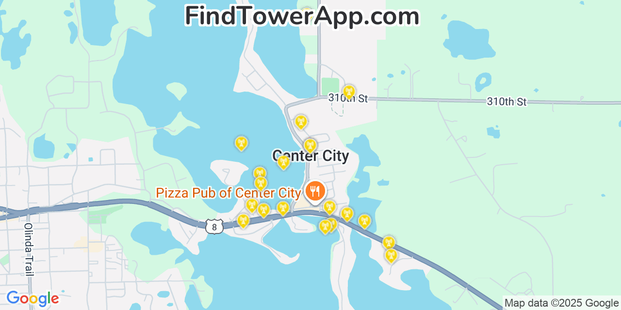 Map showing the 20 primary cell tower locations detected in Center City, Minnesota from AT&T, Verizon, and T-Mobile networks