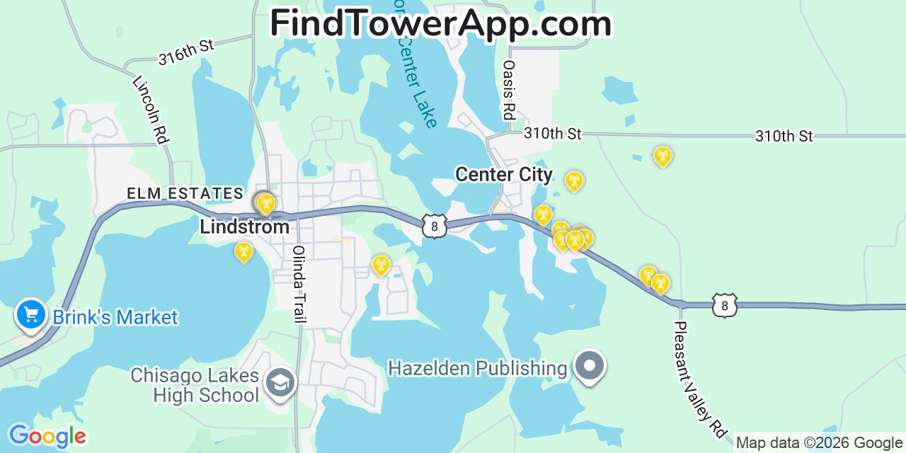 Map showing the 20 primary cell tower locations detected in Center City, Minnesota from AT&T, Verizon, and T-Mobile networks