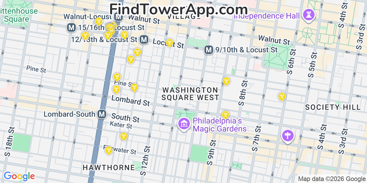 Map showing the 20 primary cell tower locations detected in Center City, Pennsylvania from AT&T, Verizon, and T-Mobile networks