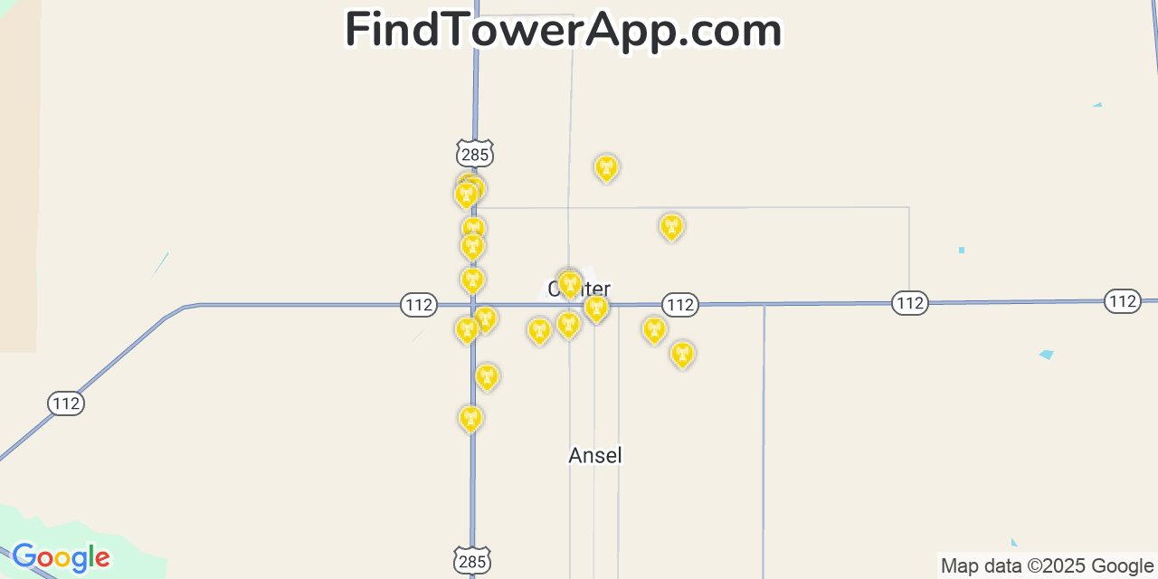 Map showing the 20 primary cell tower locations detected in Center, Colorado from AT&T, Verizon, and T-Mobile networks