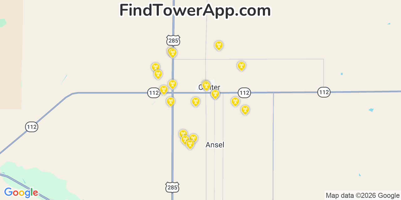 Map showing the 20 primary cell tower locations detected in Center, Colorado from AT&T, Verizon, and T-Mobile networks