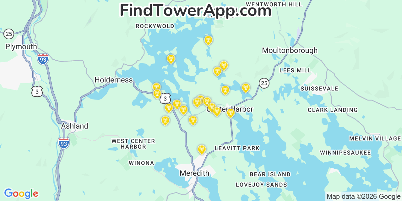 Map showing the 20 primary cell tower locations detected in Center Harbor, New Hampshire from AT&T, Verizon, and T-Mobile networks