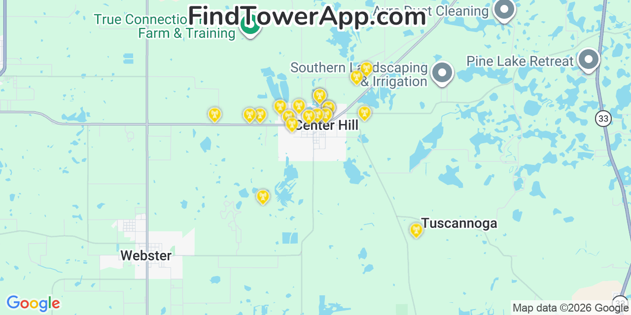 Map showing the 20 primary cell tower locations detected in Center Hill, Florida from AT&T, Verizon, and T-Mobile networks