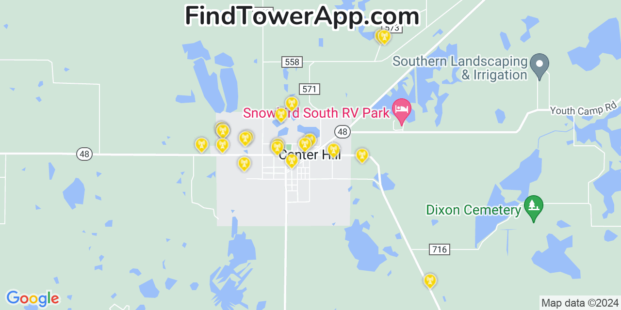 Verizon 4G/5G cell tower coverage map Center Hill, Florida