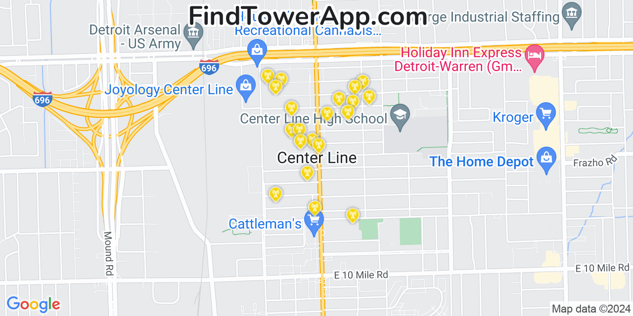 AT&T 4G/5G cell tower coverage map Center Line, Michigan