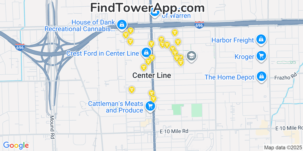 Map showing the 20 primary cell tower locations detected in Center Line, Michigan from AT&T, Verizon, and T-Mobile networks