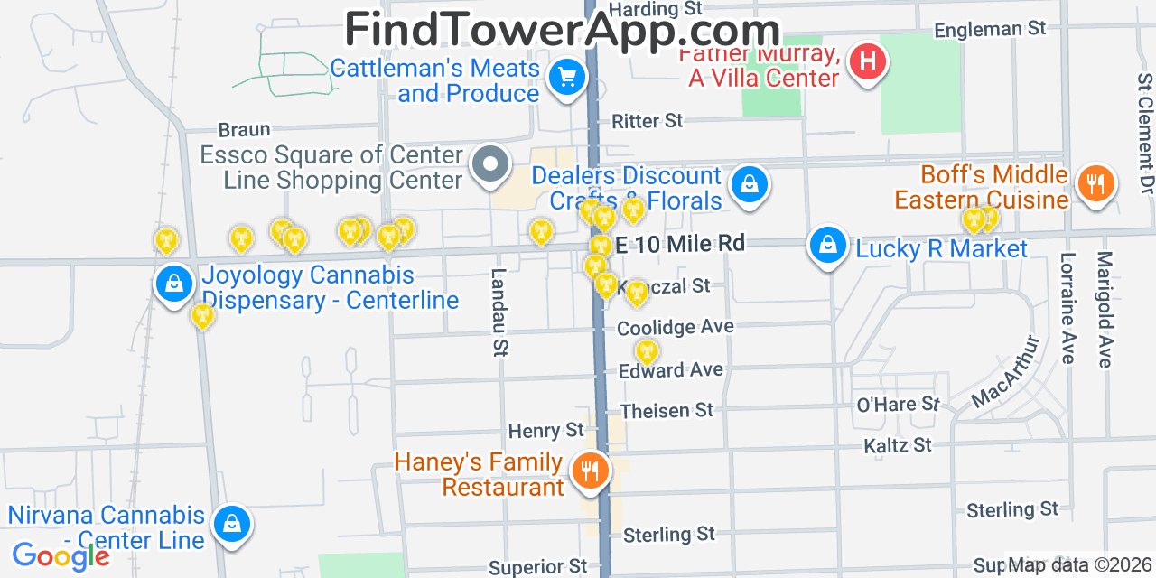 Map showing the 20 primary cell tower locations detected in Center Line, Michigan from AT&T, Verizon, and T-Mobile networks