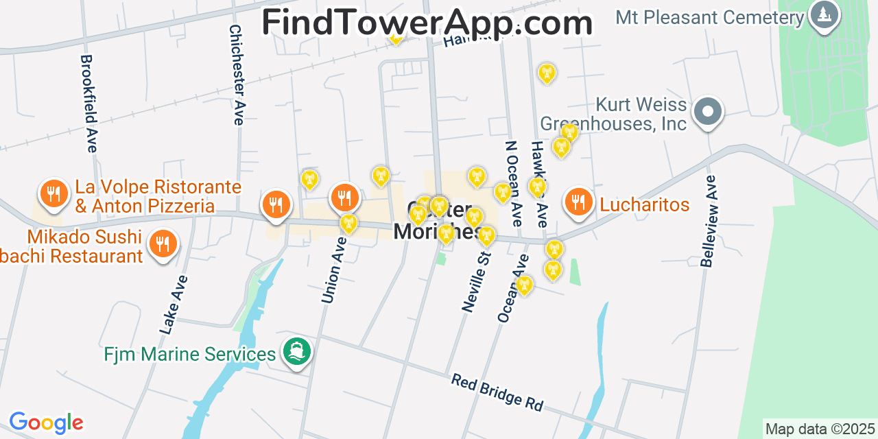 Map showing the 20 primary cell tower locations detected in Center Moriches, New York from AT&T, Verizon, and T-Mobile networks