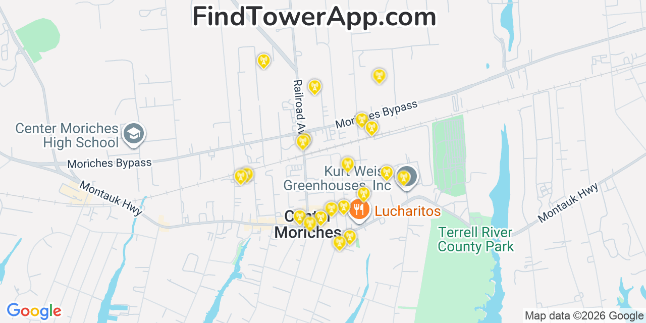 Map showing the 20 primary cell tower locations detected in Center Moriches, New York from AT&T, Verizon, and T-Mobile networks