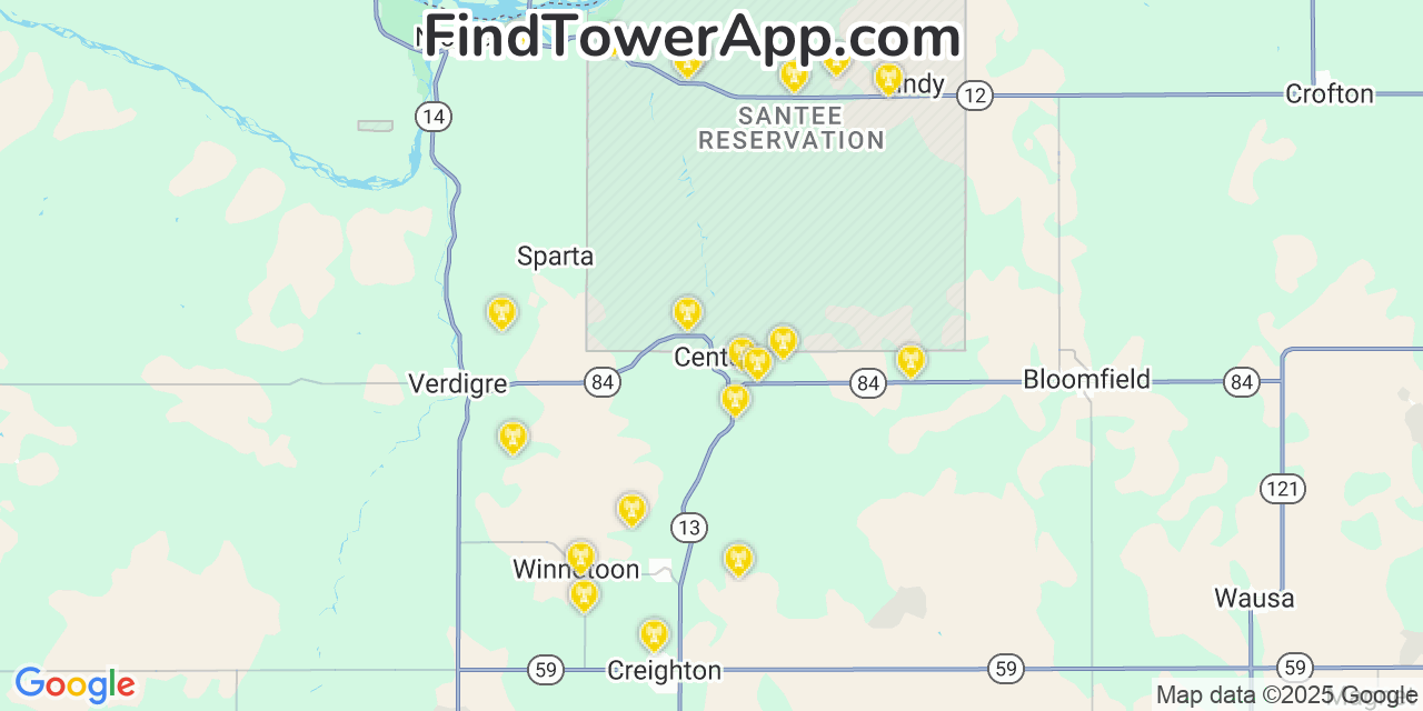 Map showing the 20 primary cell tower locations detected in Center, Nebraska from AT&T, Verizon, and T-Mobile networks
