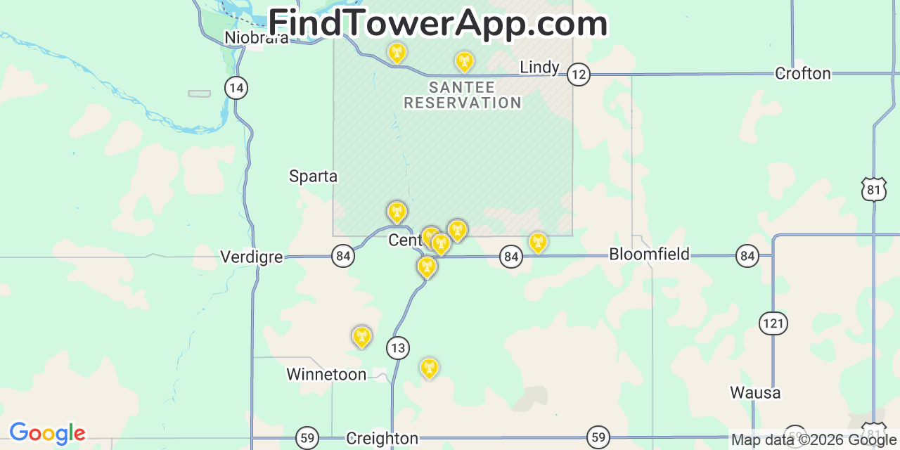 Map showing the 20 primary cell tower locations detected in Center, Nebraska from AT&T, Verizon, and T-Mobile networks