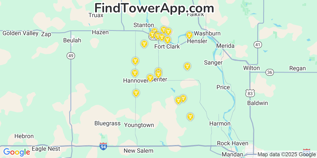 Map showing the 20 primary cell tower locations detected in Center, North Dakota from AT&T, Verizon, and T-Mobile networks