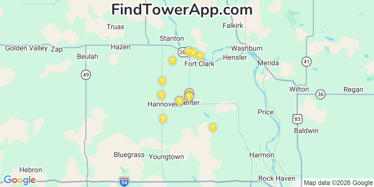 Map showing the 20 primary cell tower locations detected in Center, North Dakota from AT&T, Verizon, and T-Mobile networks