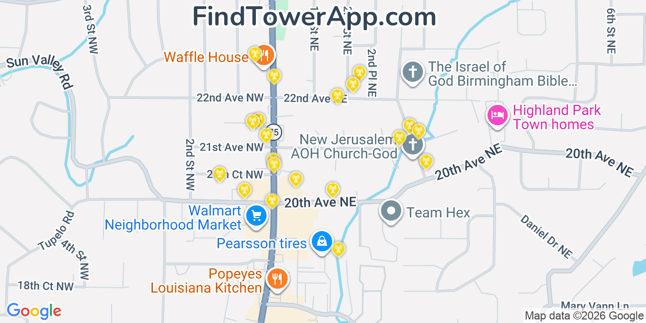 Map showing the 20 primary cell tower locations detected in Center Point, Alabama from AT&T, Verizon, and T-Mobile networks