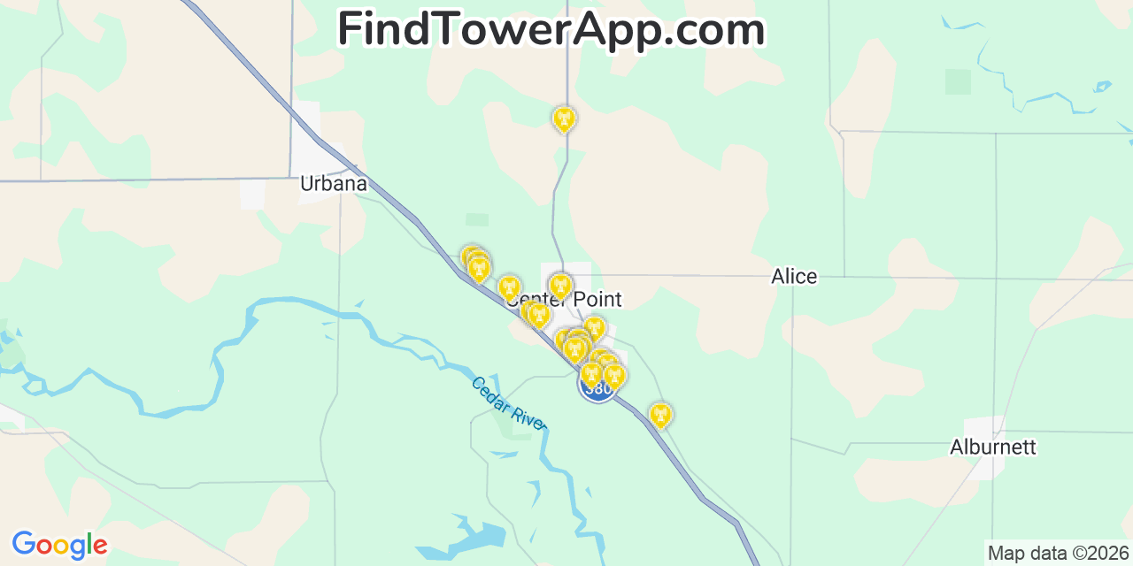 Map showing the 20 primary cell tower locations detected in Center Point, Iowa from AT&T, Verizon, and T-Mobile networks