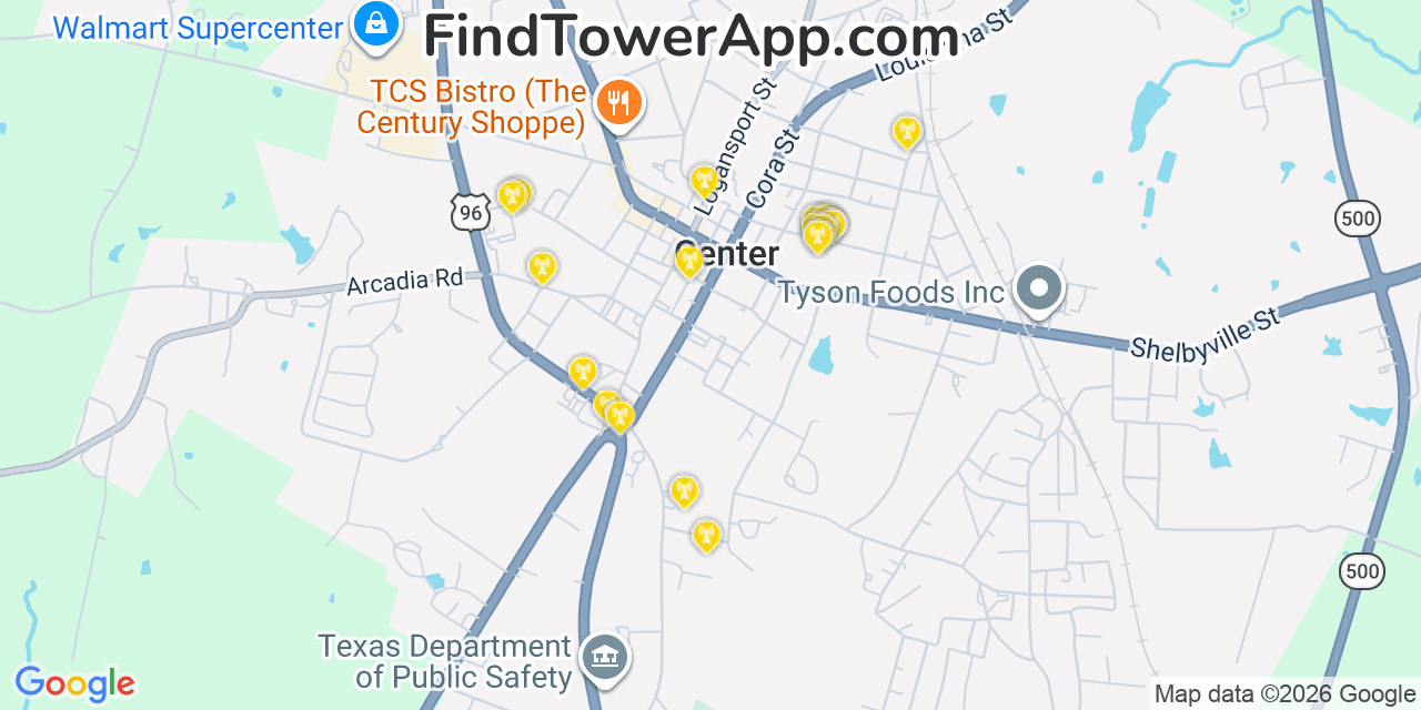 Map showing the 20 primary cell tower locations detected in Center, Texas from AT&T, Verizon, and T-Mobile networks