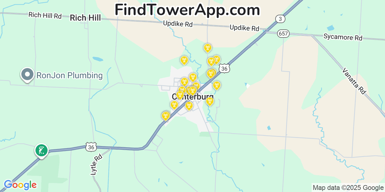 Map showing the 20 primary cell tower locations detected in Centerburg, Ohio from AT&T, Verizon, and T-Mobile networks