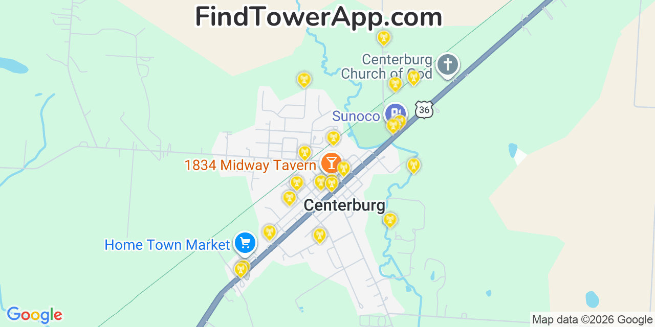 Map showing the 20 primary cell tower locations detected in Centerburg, Ohio from AT&T, Verizon, and T-Mobile networks