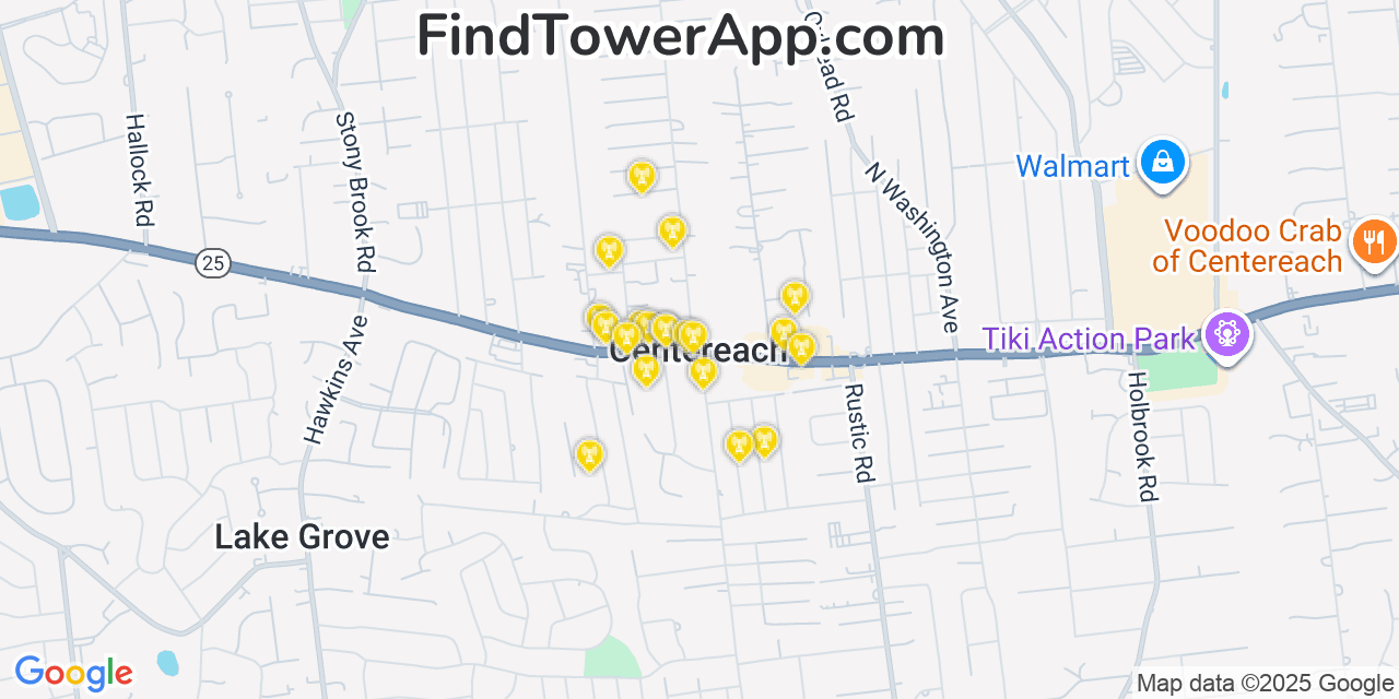 Map showing the 20 primary cell tower locations detected in Centereach, New York from AT&T, Verizon, and T-Mobile networks