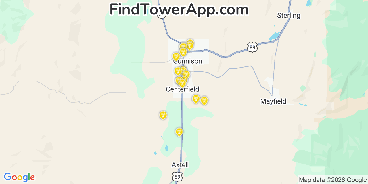 Map showing the 20 primary cell tower locations detected in Centerfield, Utah from AT&T, Verizon, and T-Mobile networks