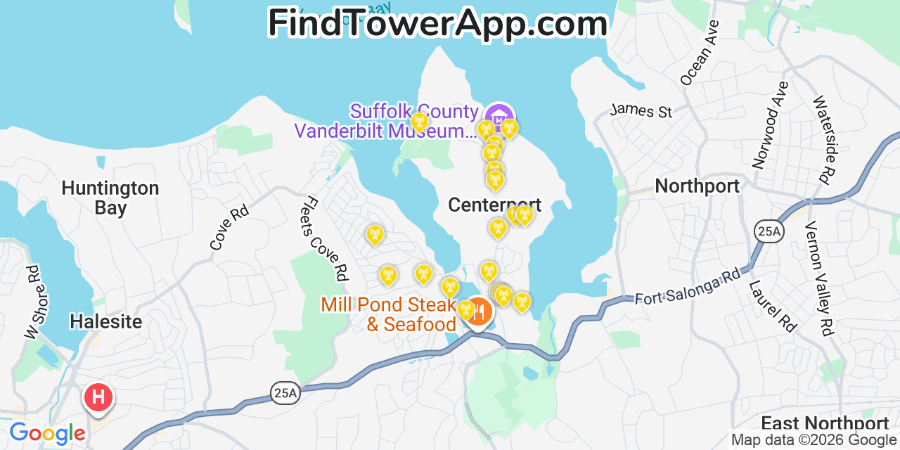 Map showing the 20 primary cell tower locations detected in Centerport, New York from AT&T, Verizon, and T-Mobile networks