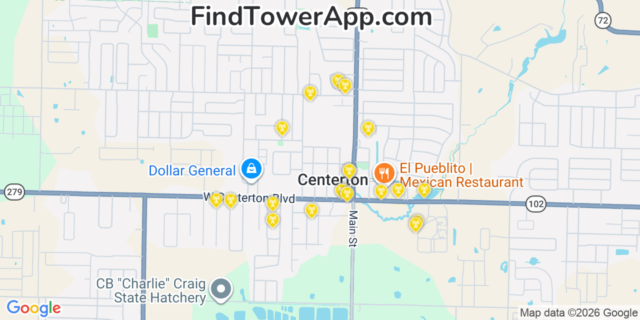 Map showing the 20 primary cell tower locations detected in Centerton, Arkansas from AT&T, Verizon, and T-Mobile networks