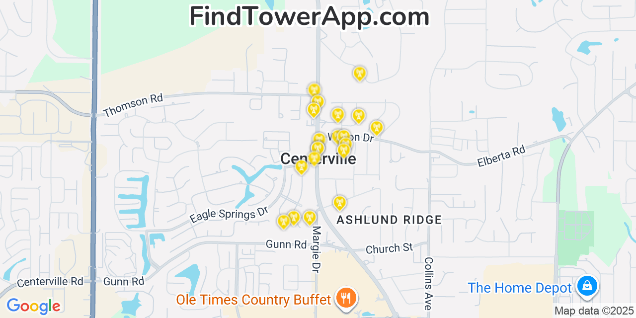 Map showing the 20 primary cell tower locations detected in Centerville, Georgia from AT&T, Verizon, and T-Mobile networks