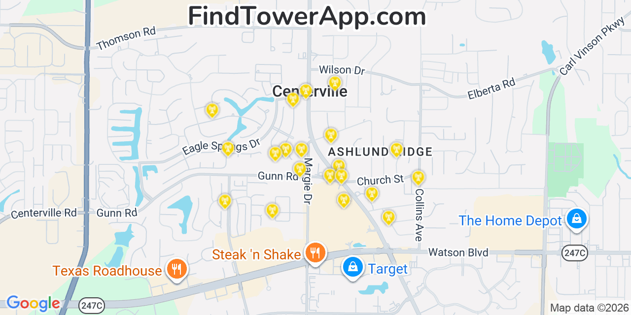Map showing the 20 primary cell tower locations detected in Centerville, Georgia from AT&T, Verizon, and T-Mobile networks