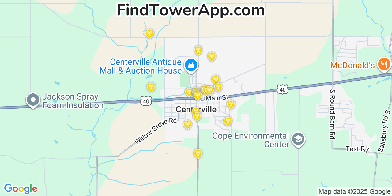 Map showing the 20 primary cell tower locations detected in Centerville, Indiana from AT&T, Verizon, and T-Mobile networks