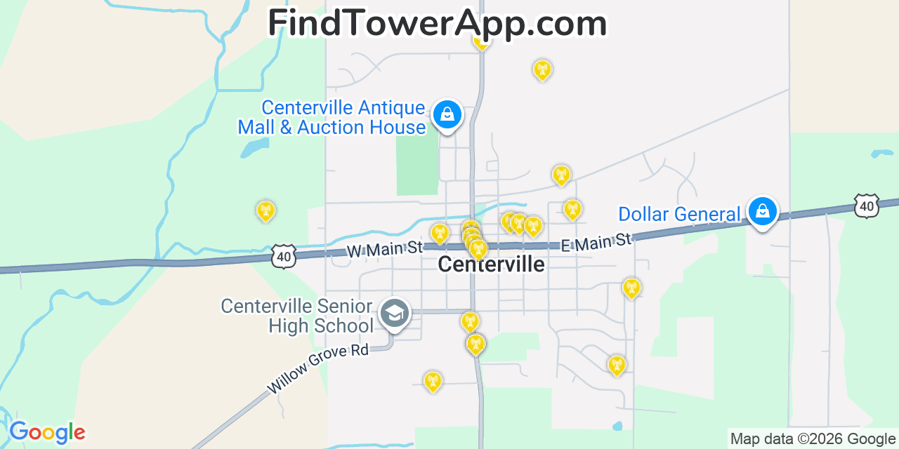 Map showing the 20 primary cell tower locations detected in Centerville, Indiana from AT&T, Verizon, and T-Mobile networks