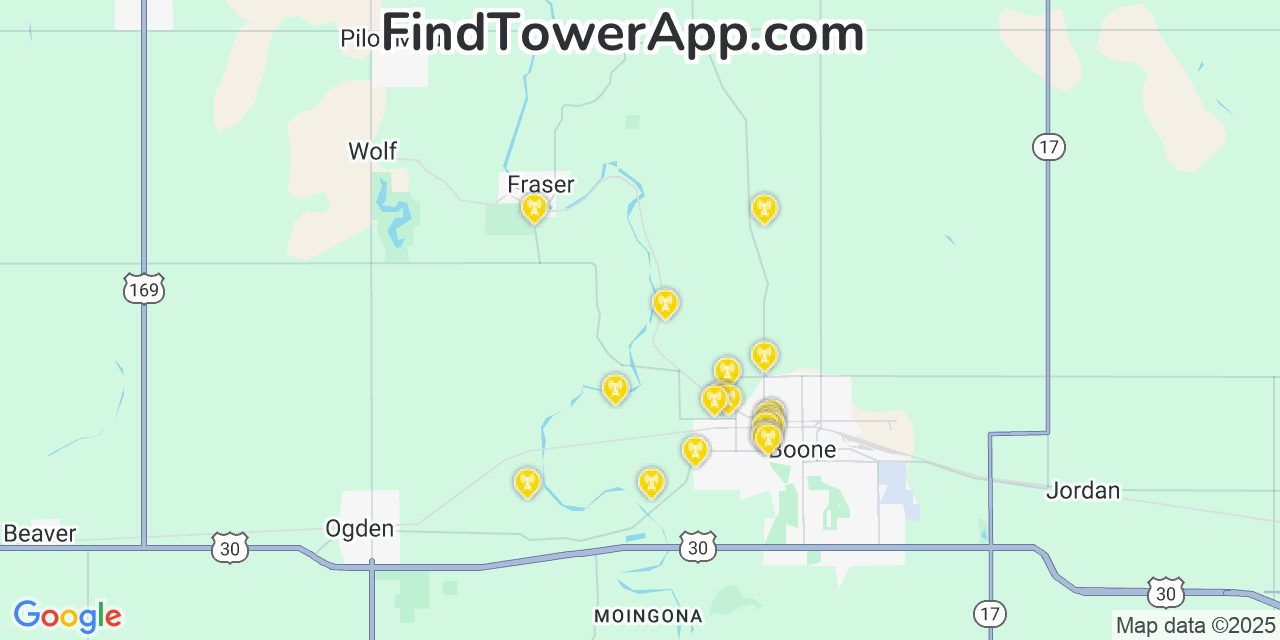 Map showing the 20 primary cell tower locations detected in Centerville, Iowa from AT&T, Verizon, and T-Mobile networks